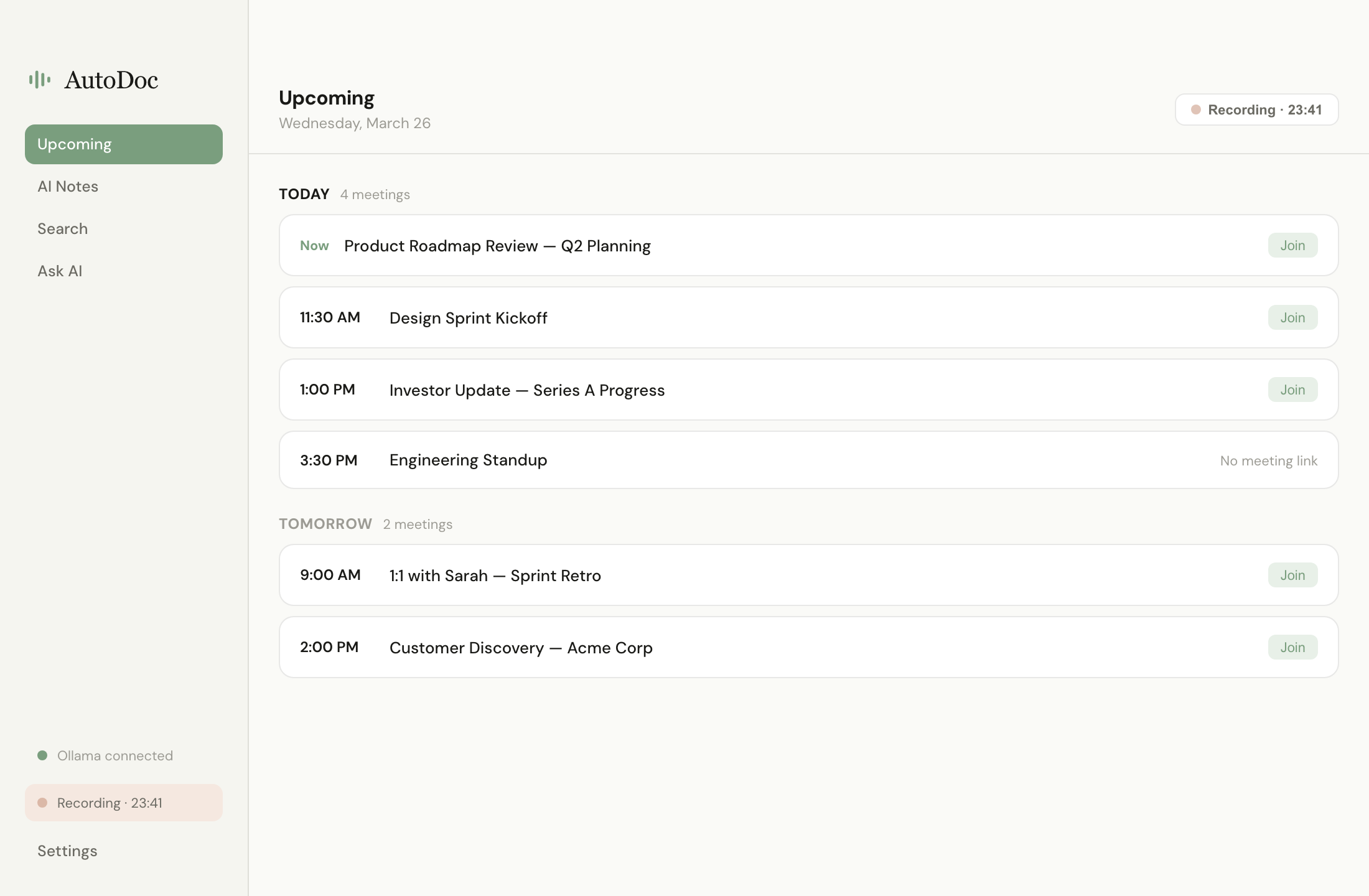 AutoDoc dashboard with calendar integration